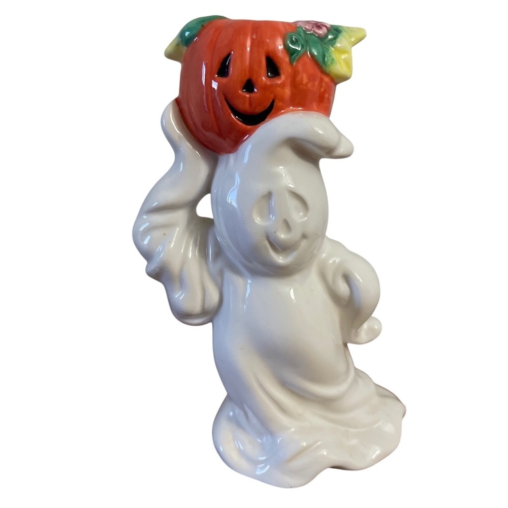 Vintage Mervyns Ceramic Ghost Holding Pumpkin Halloween Taper‎ Candle Holder